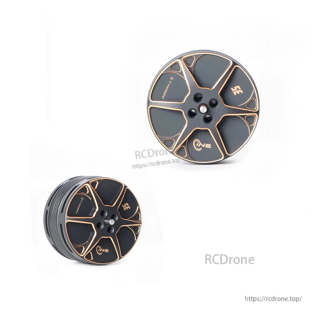 T-Motor brushless drone motor in black with gold accents, shown from top and side with vented housing