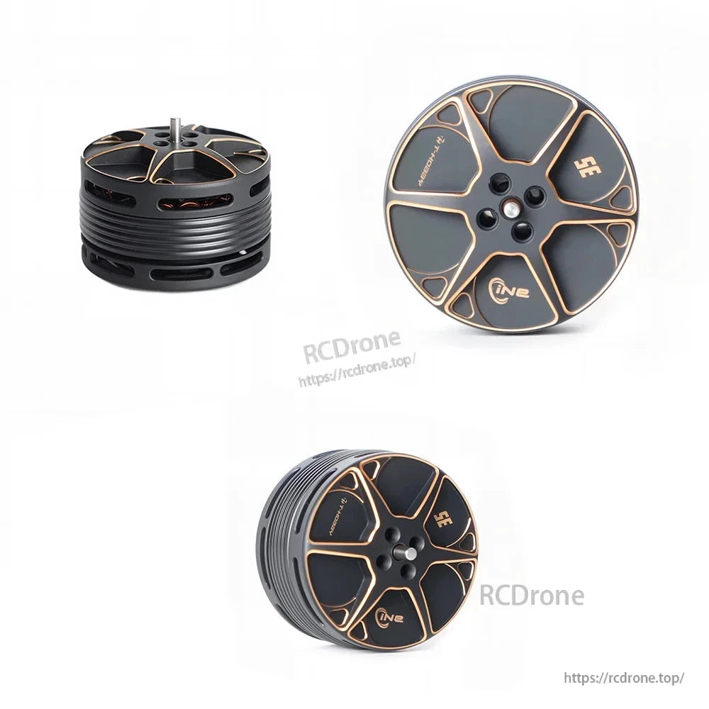 T-Motor brushless drone motor in black and gold, shown from top and side with mounting holes and exposed shaft