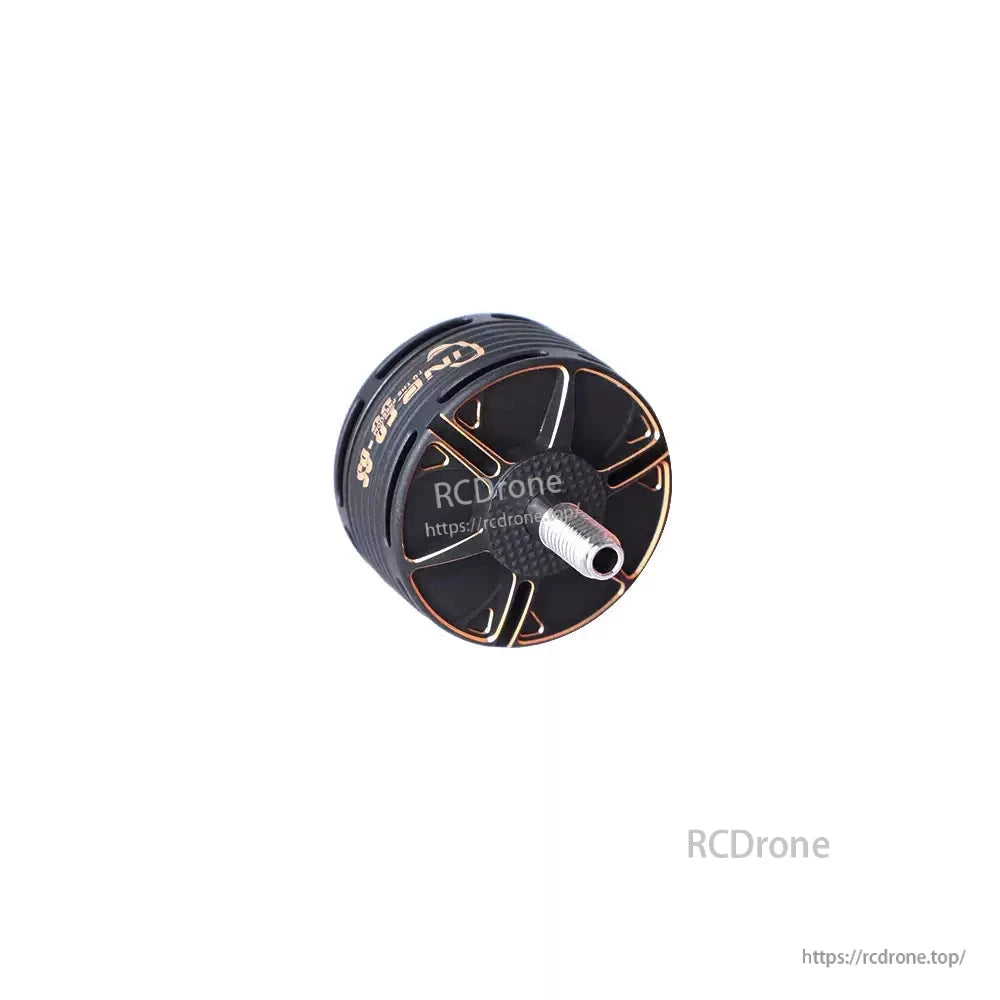 Close-up of a T-Motor brushless drone motor with black and gold housing and a threaded prop shaft