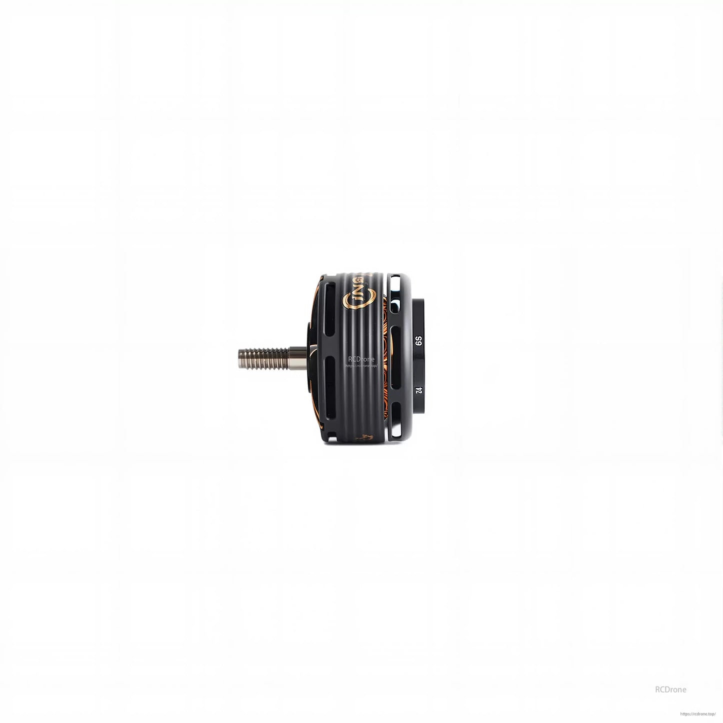 T-Motor black brushless drone motor side view with vented bell housing and threaded prop shaft