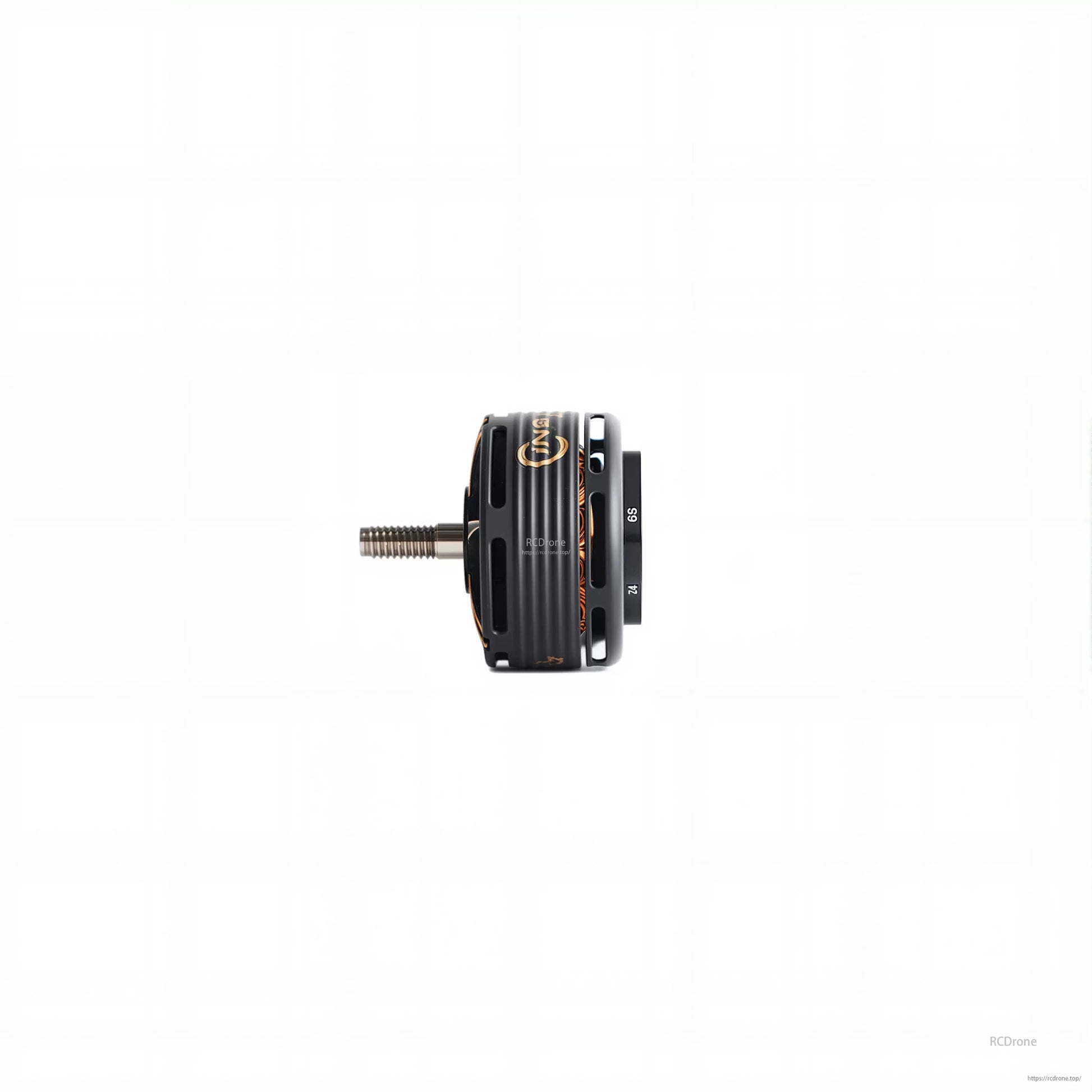 T-Motor black brushless drone motor side view with vented bell housing and threaded prop shaft