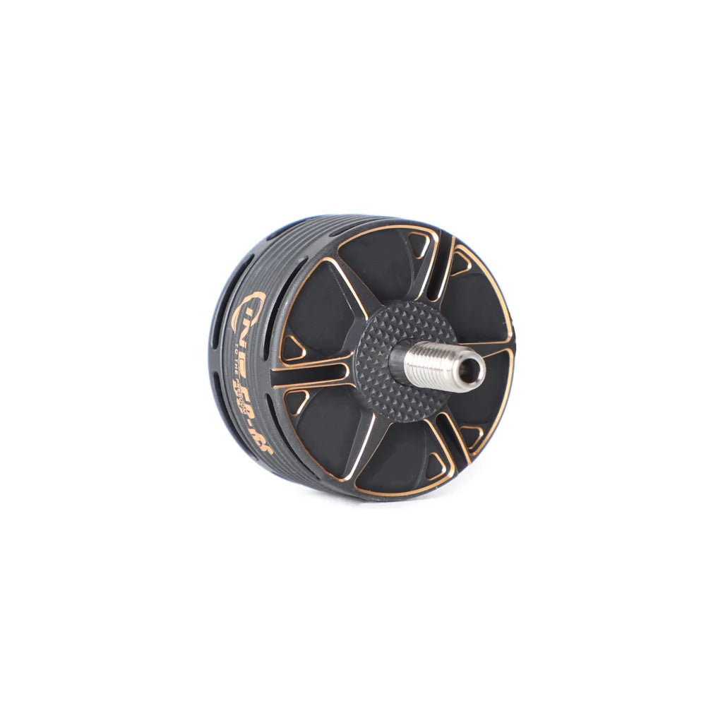 T-Motor brushless drone motor with black-and-gold housing and threaded output shaft, front view