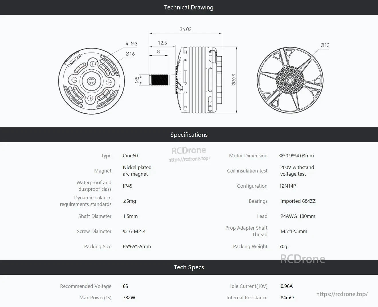 T-Motor Cine60 brushless motor technical drawing with 30.9 mm diameter, 34.03 mm length and 4x M3 mount pattern