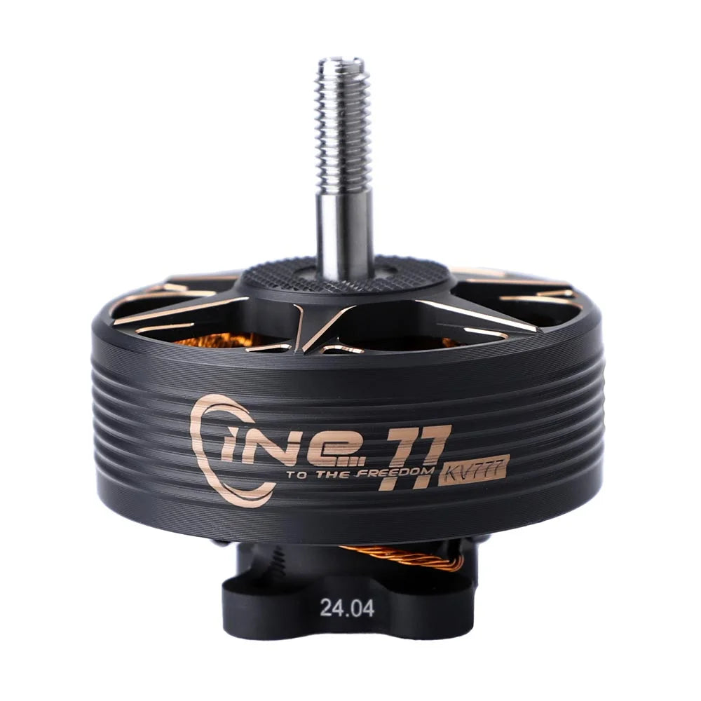 T-Motor Cine.77 3610 brushless drone motor with threaded shaft, black housing, and Cine.77 KV777 marking