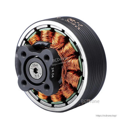 Close-up of T-Motor Cine77 3610 brushless drone motor with copper windings, black housing, and 4-hole mount