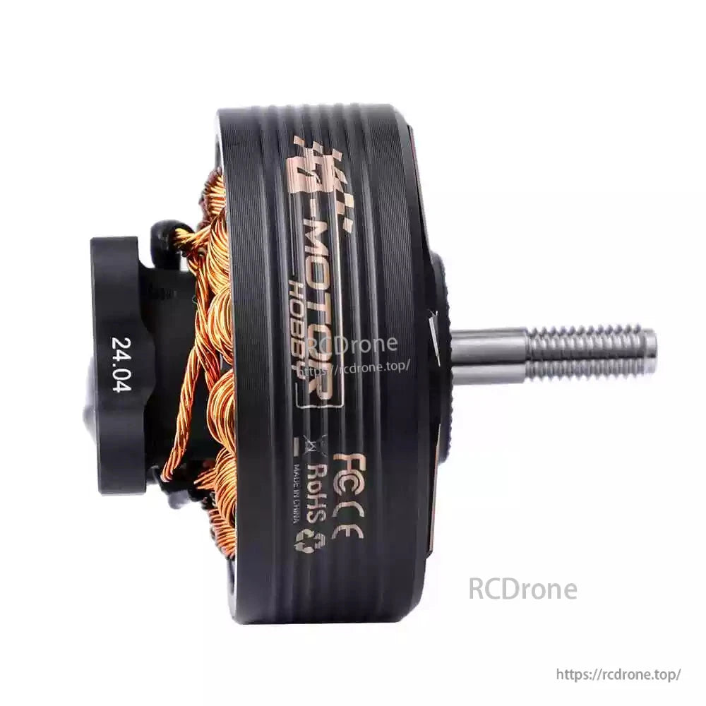 Side view of T-Motor Cine77 3610 brushless drone motor with exposed copper windings and threaded shaft