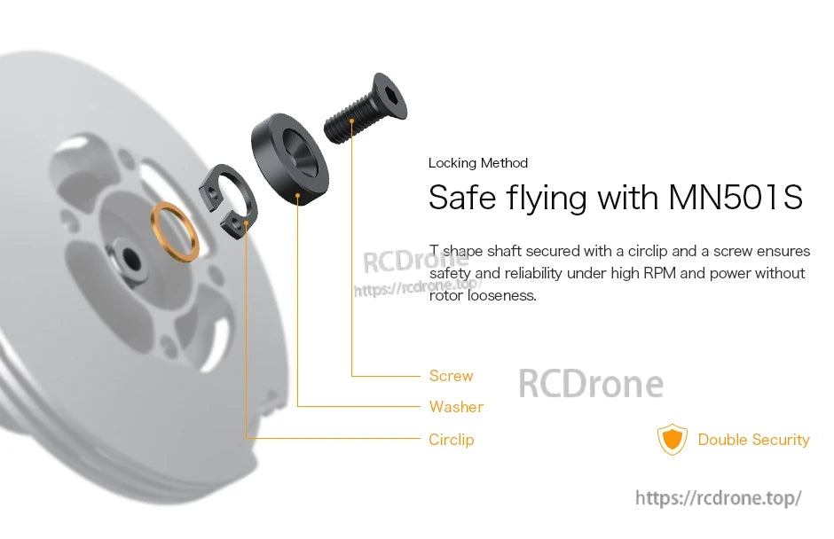 T-Motor, Exploded view of MN501S motor locking method showing screw, washer, and circlip on the T-shaft
