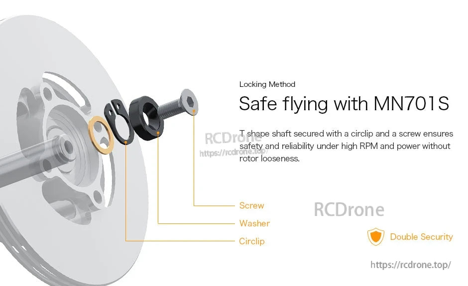 T-Motor, Exploded view of MN701S motor shaft locking method with screw, washer, and circlip for secure rotor retention