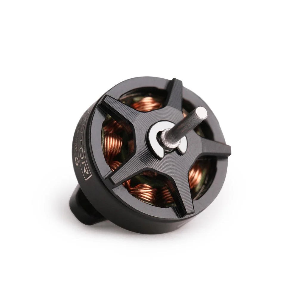 T-Motor brushless drone motor with black 4-spoke top and exposed copper windings on steel shaft