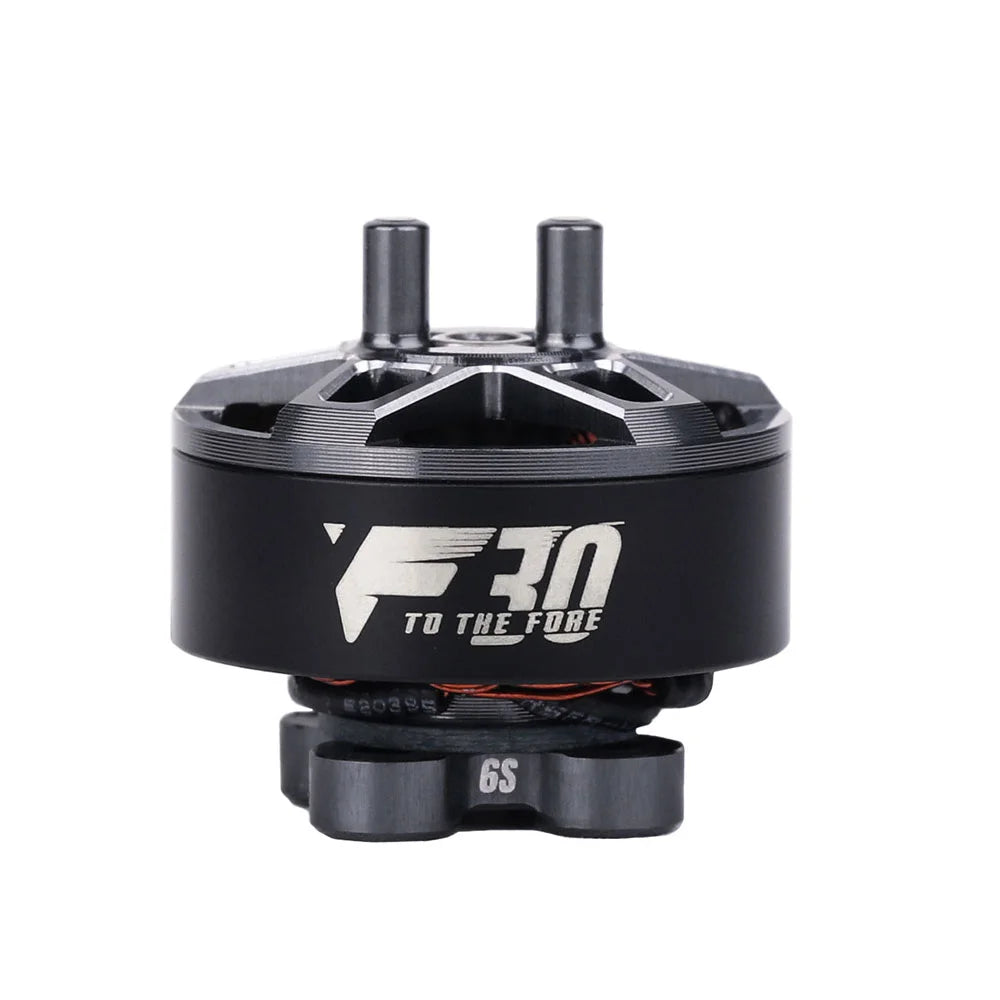Black T-Motor F30 brushless drone motor with two top posts, “F30” logo, and “6S” marking on the base