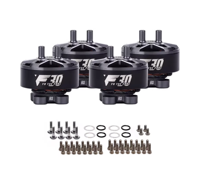 Set of four T-Motor F70 brushless FPV drone motors with 6S marking, plus mounting screws and washers
