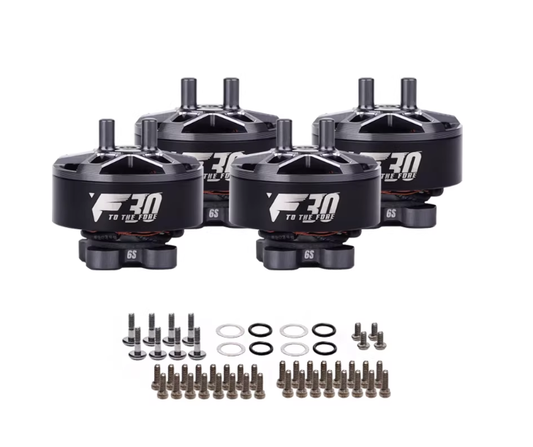 Set of four T-Motor F70 brushless FPV drone motors with 6S marking, plus mounting screws and washers