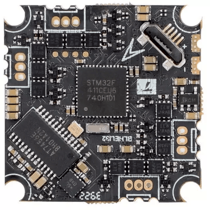 T-Motor F411 1S AIO 4in1 ESC, T-Motor F411 1S AIO flight controller with 4-in-1 ESC, STM32F411 chip, USB-C port, and solder pads