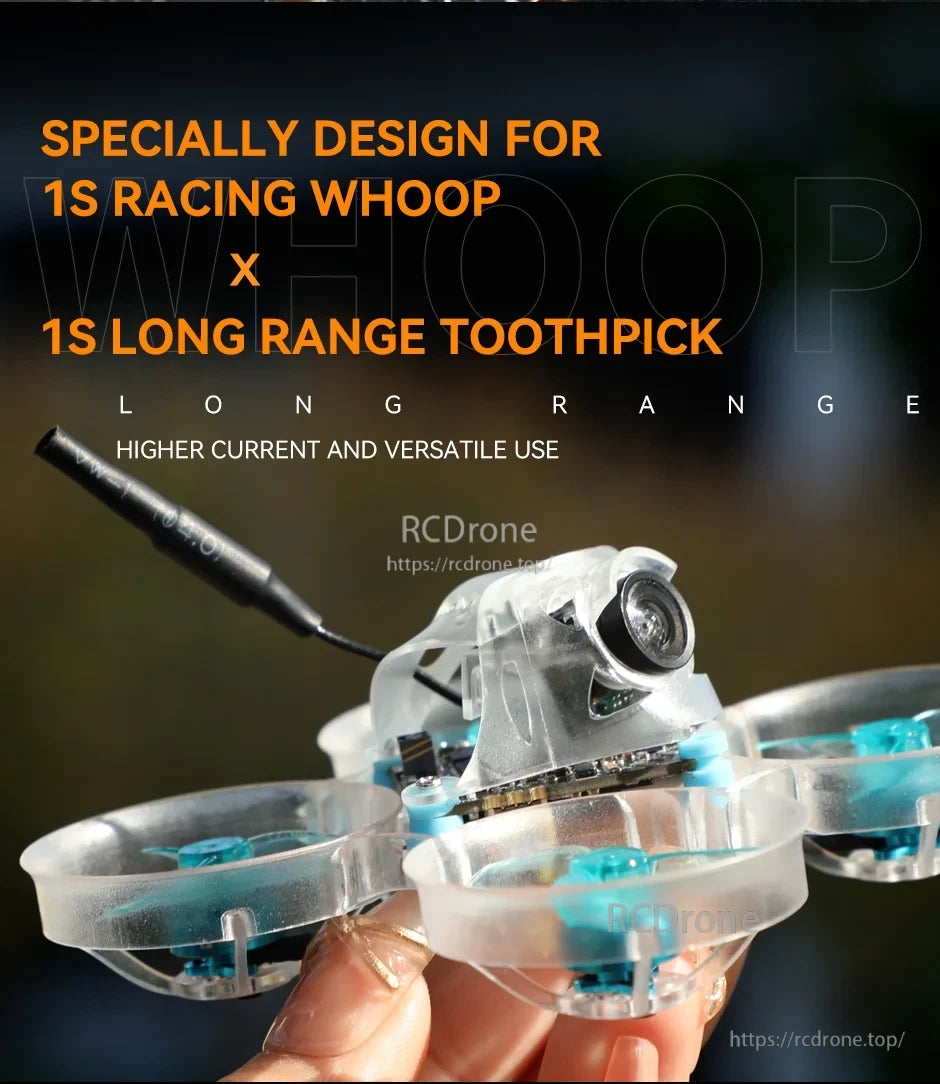T-Motor F411 1S AIO 4in1 ESC, Micro 1S FPV whoop quad with camera canopy and antenna, promotional text for 1S racing whoop and toothpick use