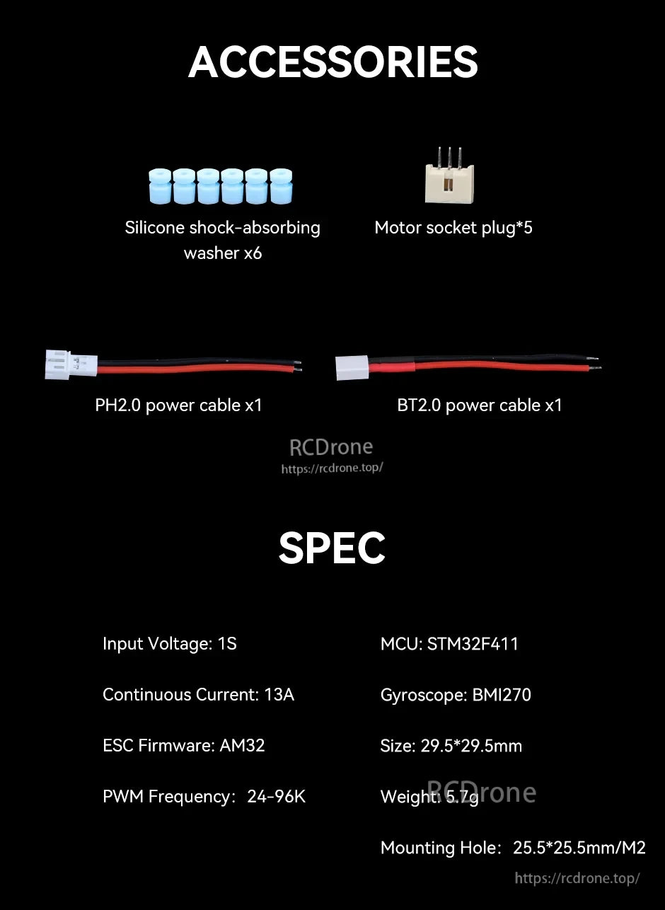 T-Motor F411 1S AIO 4in1 ESC, Accessories and key specs for T-Motor F411 1S AIO 4-in-1 ESC, including cables, plugs, 13A and 29.5mm size