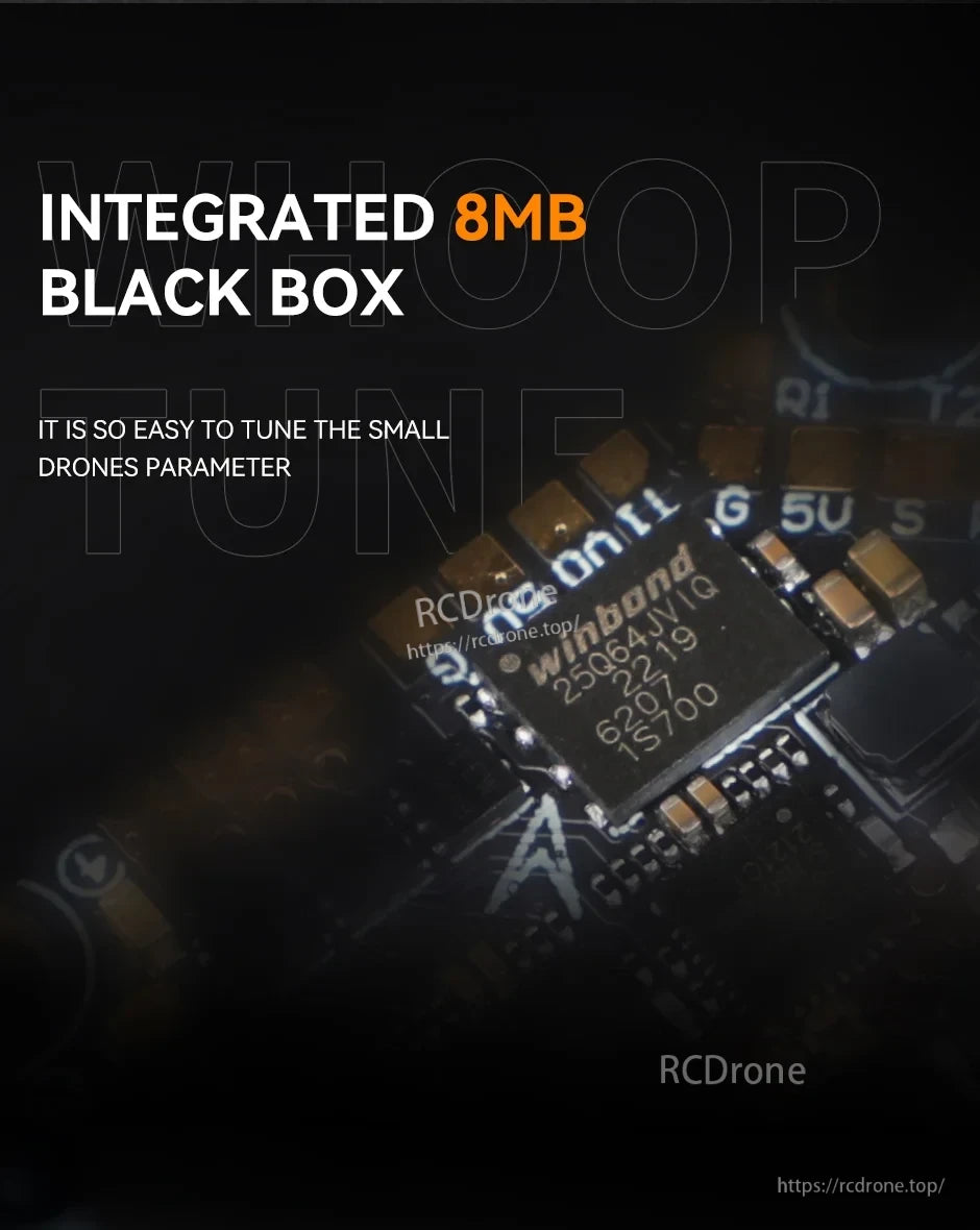 T-Motor F411 1S AIO 4in1 ESC, Close-up of T-Motor F411 1S AIO board highlighting the integrated 8MB black box memory chip