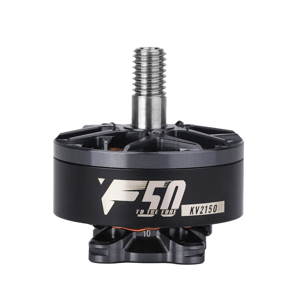 T-Motor F50 brushless FPV drone motor with threaded shaft, labeled “F50” and “KV2150” on the black can