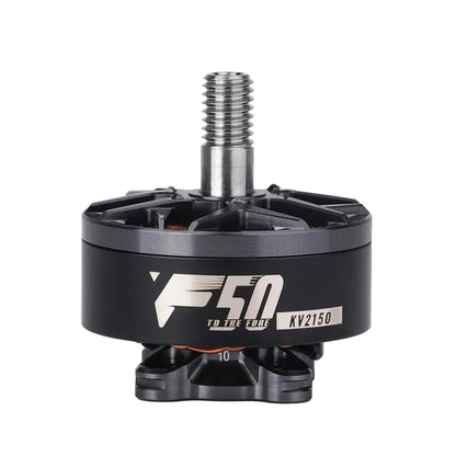 T-Motor F50 brushless FPV drone motor with threaded shaft, labeled “F50” and “KV2150” on the black can