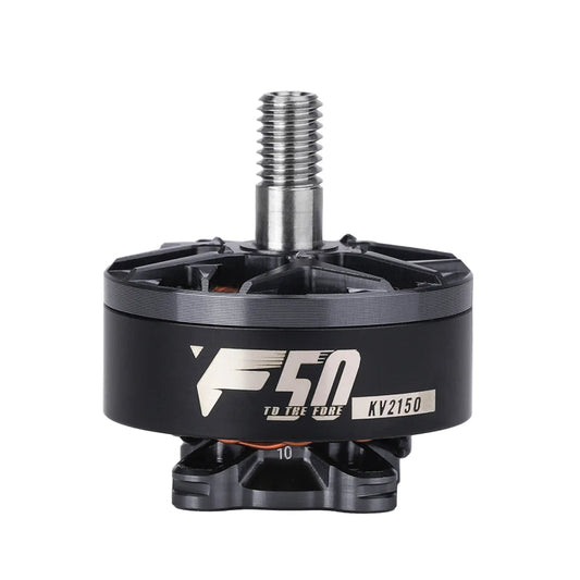 T-Motor F50 brushless FPV drone motor with threaded shaft, labeled “F50” and “KV2150” on the black can