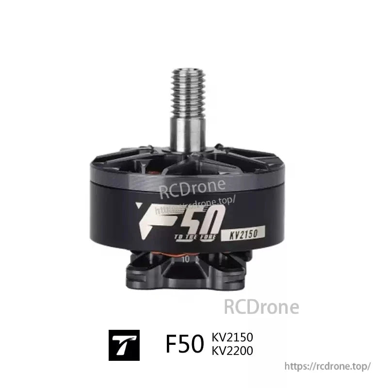 T-Motor F50 brushless FPV drone motor with threaded shaft, labeled F50 KV2150/KV2200 on the can