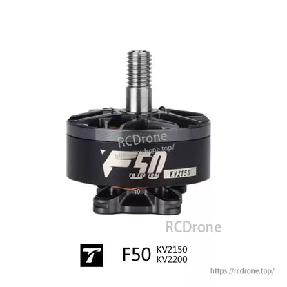 T-Motor F50 brushless FPV drone motor with threaded shaft, labeled F50 KV2150/KV2200 on the can