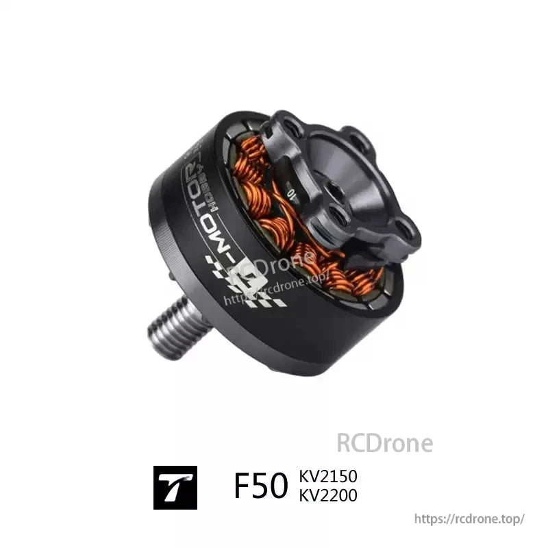 T-Motor F50 brushless FPV drone motor with black housing, copper windings, and threaded shaft (KV2150/KV2200)