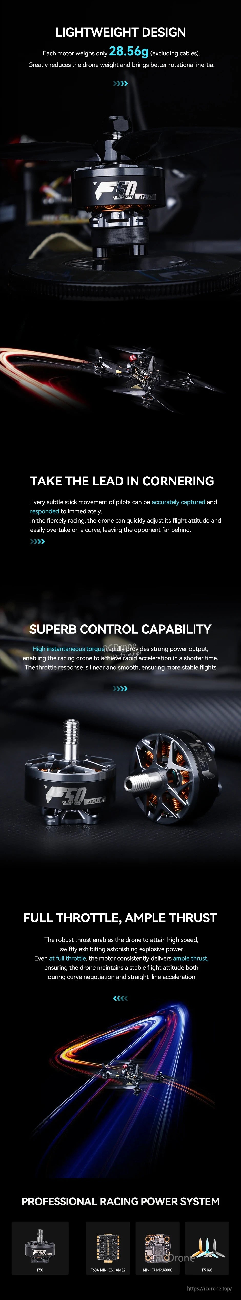 T-Motor F50 brushless FPV drone motor close-up, highlighting lightweight 28.56 g design (excluding cables).