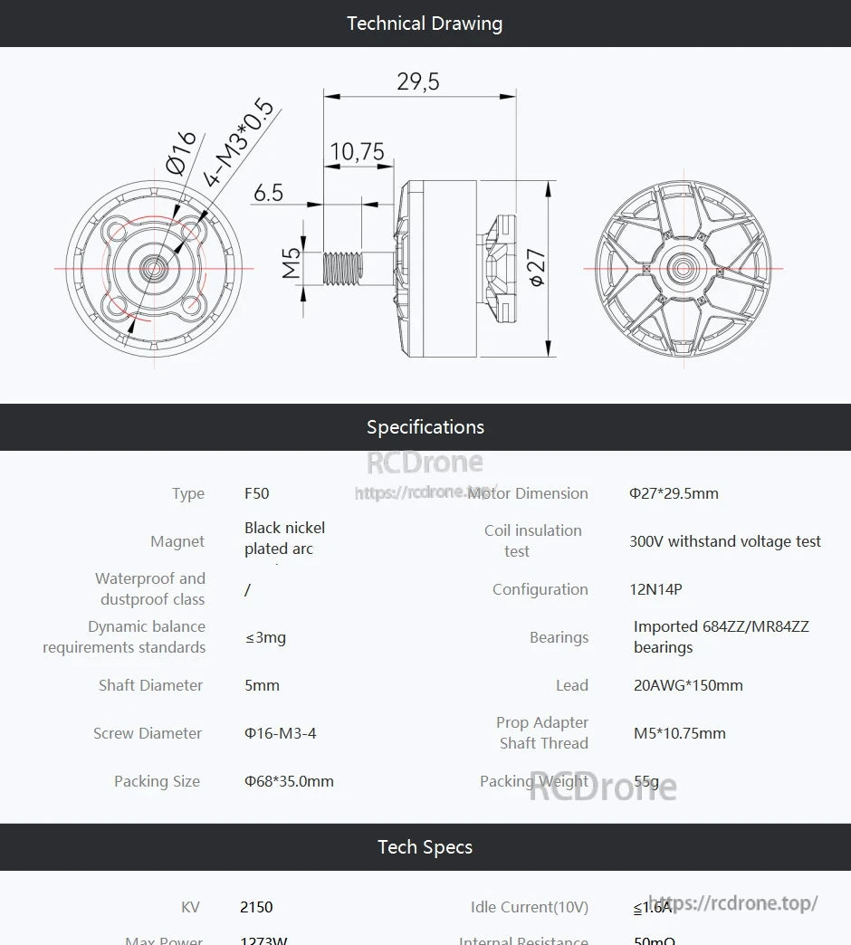 T-Motor F50 motor technical drawing and specs showing 27×29.5 mm size, 5 mm shaft, and M3/M5 mounting details