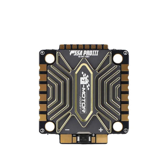 T-Motor F55A Pro III 4-in-1 ESC board with four mounting holes and edge solder pads, labeled + and -