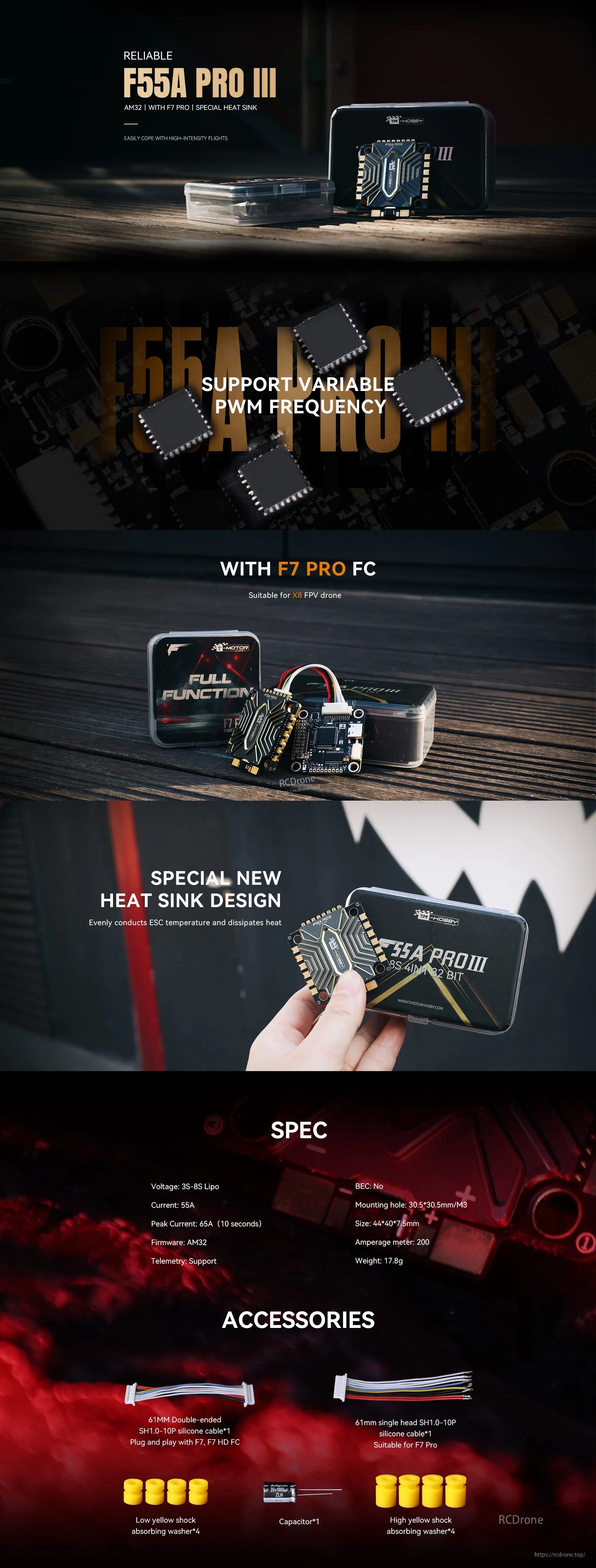 T-Motor F55A Pro III 4-in-1 ESC, T-Motor F55A Pro III 55A 4-in-1 FPV ESC board with heat sink design and T-Motor storage case