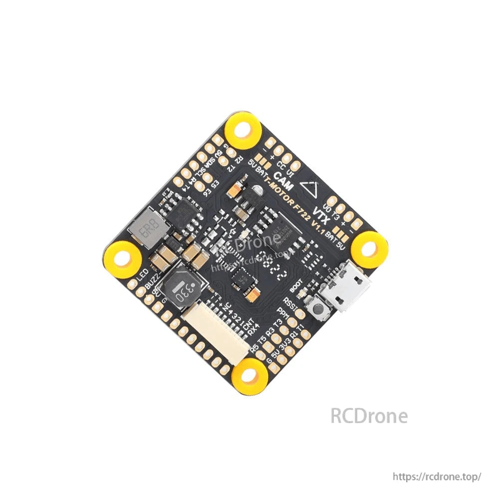 T-Motor F7 30.5mm*30.5mm Flight Controller, T-Motor F7 30.5x30.5mm drone flight controller board with micro USB port, boot button, and labeled solder pads