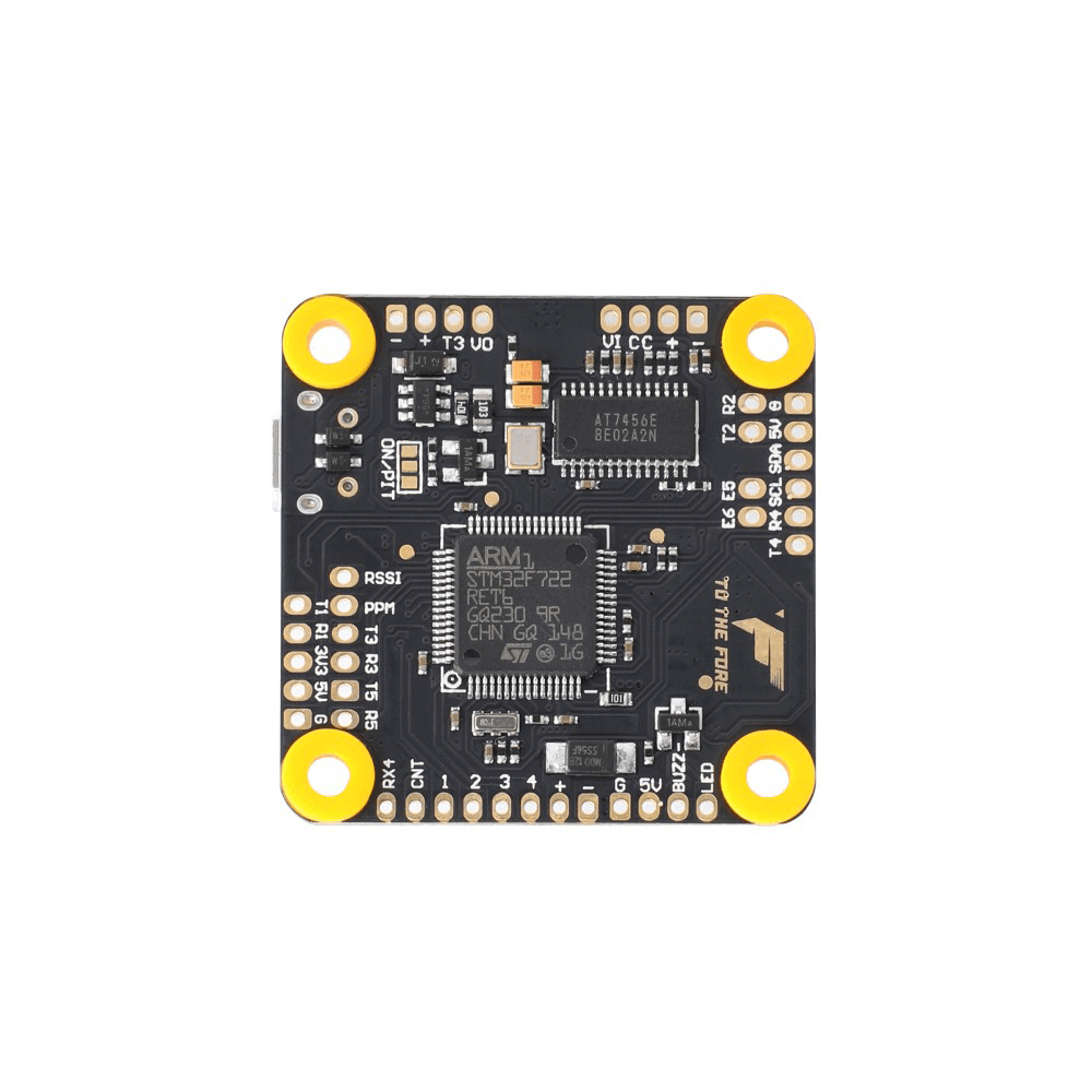 T-Motor F7 30.5mm*30.5mm Flight Controller, T-Motor F7 30.5x30.5mm flight controller board with STM32F722 chip, labeled solder pads, and four mounting holes