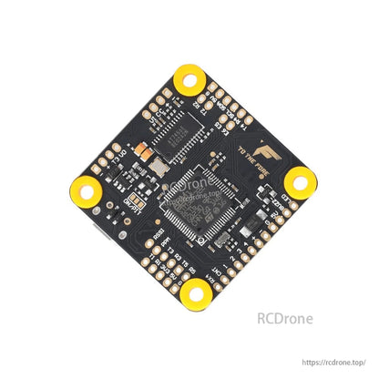 T-Motor F7 30.5mm*30.5mm Flight Controller, T-Motor F7 flight controller PCB with 30.5x30.5mm mounting holes, labeled pads for UART, SBUS, 5V, LED and buzzer