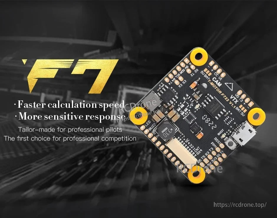 T-Motor F7 30.5mm*30.5mm Flight Controller, T-Motor F7 30.5x30.5mm flight controller board with USB port, boot/reset buttons, and labeled CAM/VTX pads