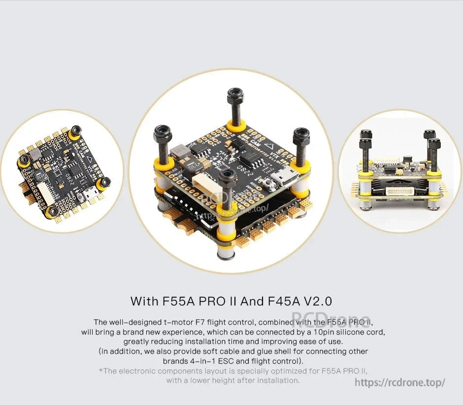 T-Motor F7 30.5mm*30.5mm Flight Controller, T-Motor F7 30.5×30.5mm flight controller stack with micro USB port, mounting hardware, and ESC below