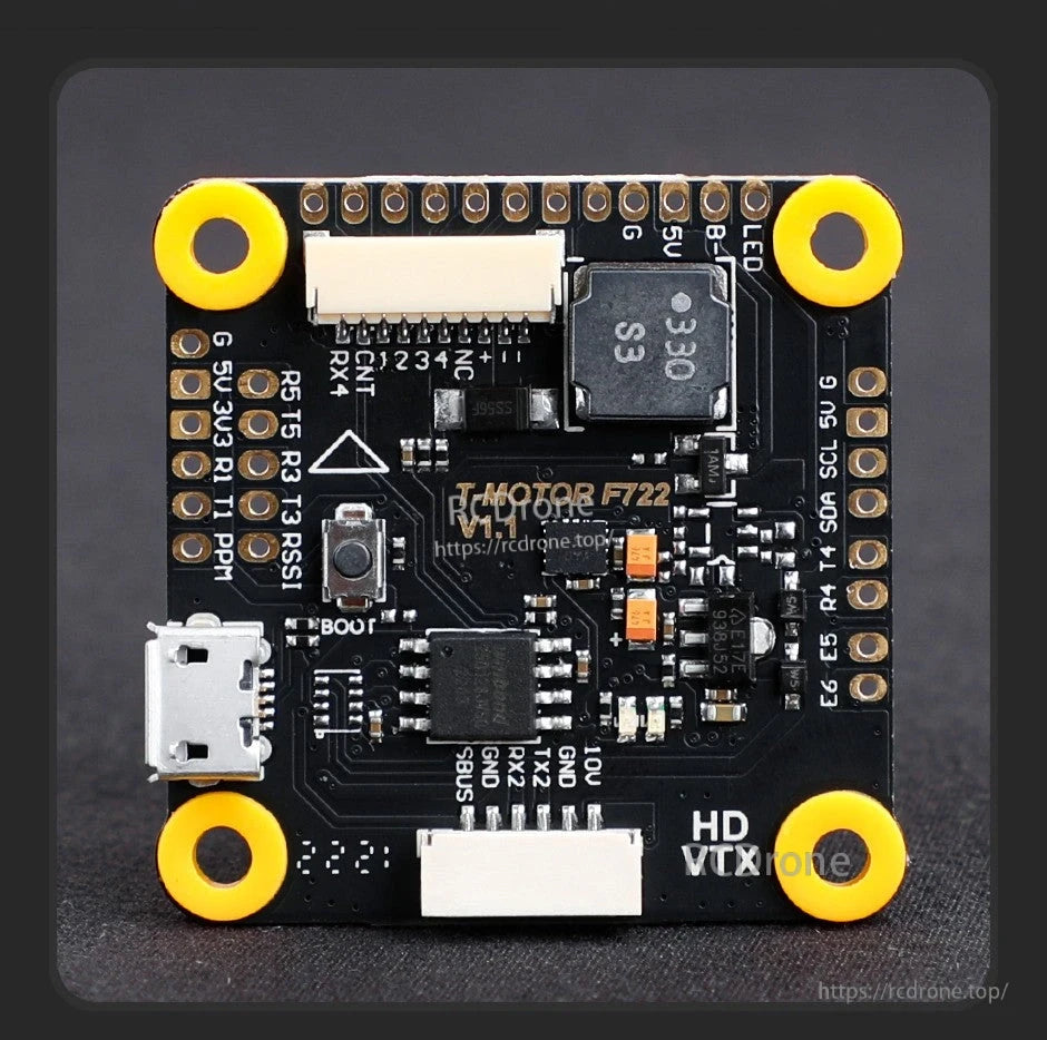 T-Motor F7 HD Flight Controller, T-Motor F7 HD (F722 V1.1) flight controller board with micro USB port, plug connectors, and labeled solder pads