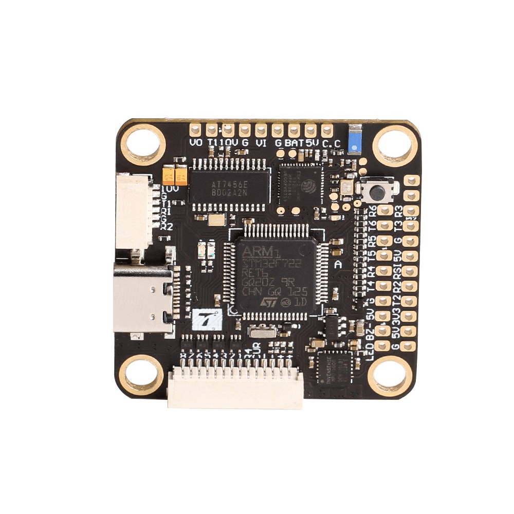 T-Motor F7 PRO flight controller board with 30.5x30.5mm mounting holes, USB-C port, and labeled solder pads