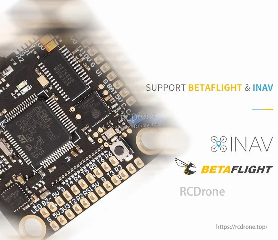 Close-up of T-Motor F7 PRO flight controller PCB with solder pads and Betaflight and iNav support text