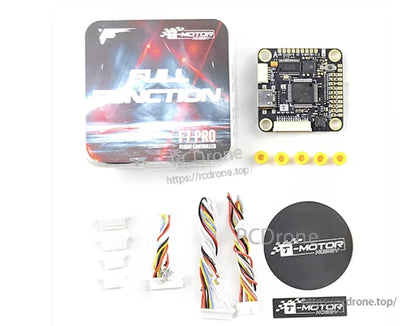T-Motor F7 Pro flight controller board with mounting holes, wiring harnesses, silicone grommets and storage tin