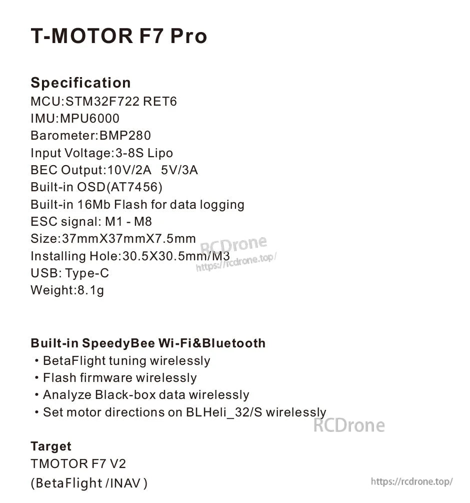 T-Motor F7 Pro flight controller specification sheet with STM32F722 MCU, 3–8S input, USB-C, WiFi/Bluetooth