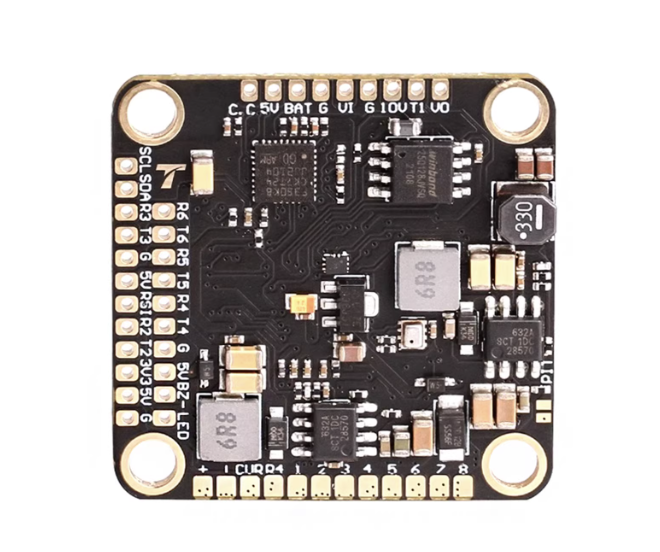 T-Motor F7 Pro 30x30 flight controller PCB with 30.5mm mounting holes and labeled 5V/BAT/GND solder pads