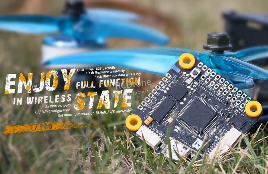 T-Motor F7 PRO flight controller board with built-in Wi‑Fi/Bluetooth and 30.5x30.5mm mounting holes