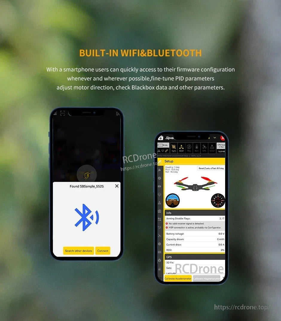 Graphic showing built-in WiFi and Bluetooth for the T-Motor F7 PRO flight controller with smartphone setup screens