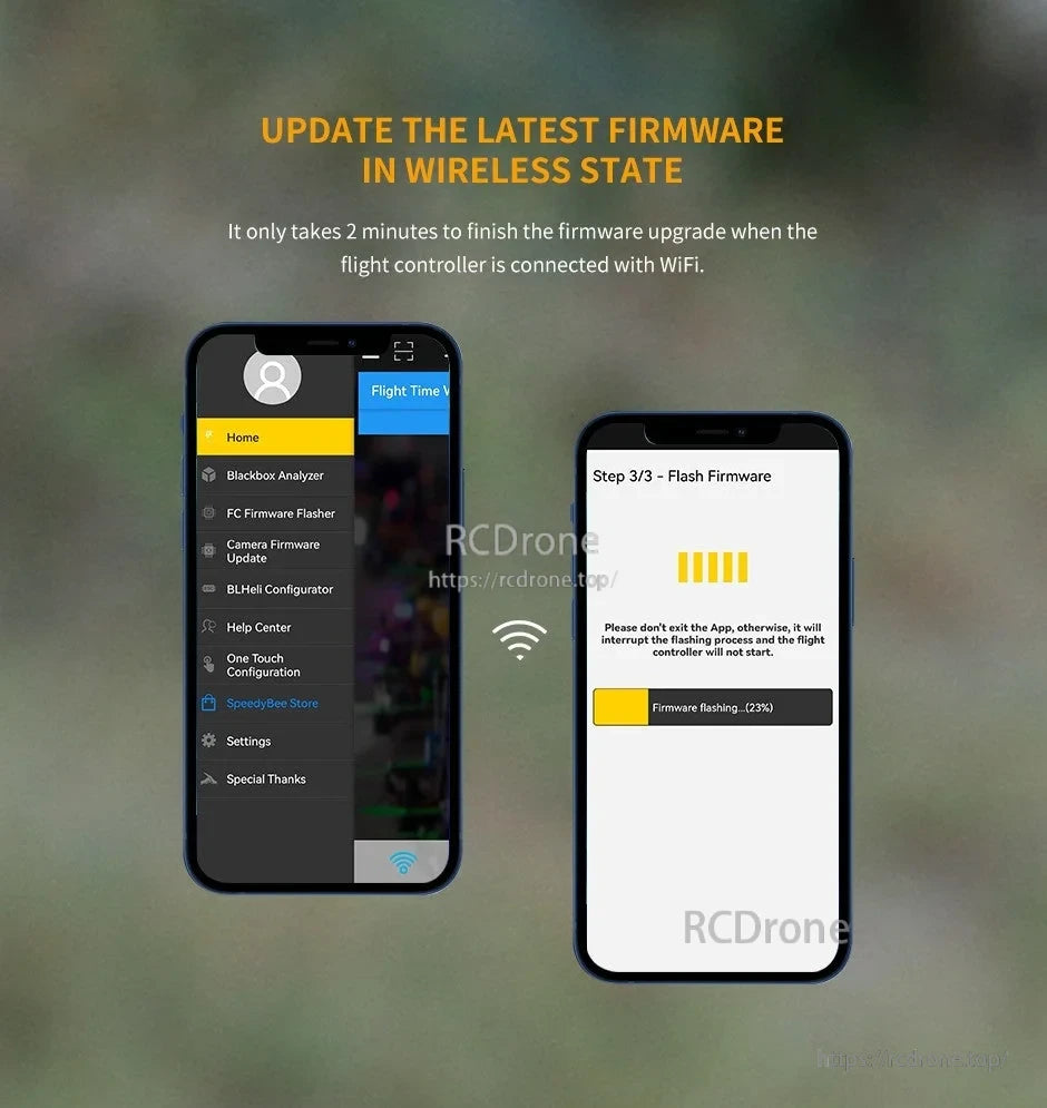 Smartphone app screens showing wireless WiFi firmware flashing for a drone flight controller