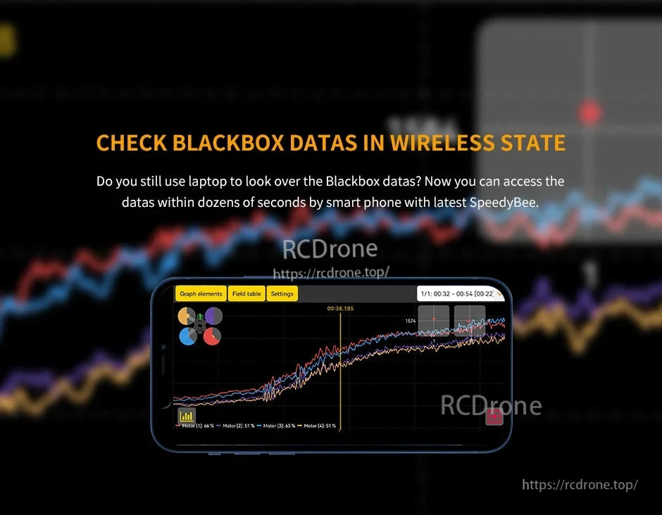 Graphic showing wireless Blackbox log viewing on a smartphone for the T-Motor F7 PRO flight controller via SpeedyBee app