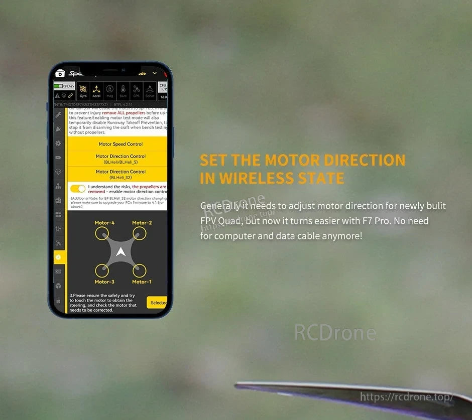 Phone app screen for T-Motor F7 Pro flight controller showing wireless motor direction setup via Bluetooth/WiFi
