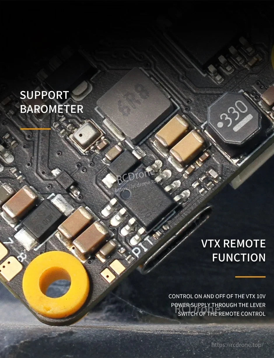 Close-up of T-Motor F7 PRO flight controller PCB showing barometer support and VTX remote function area