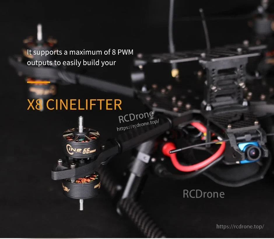 X8 cinelifter drone build close-up with motors and wiring, noting support for up to 8 PWM outputs