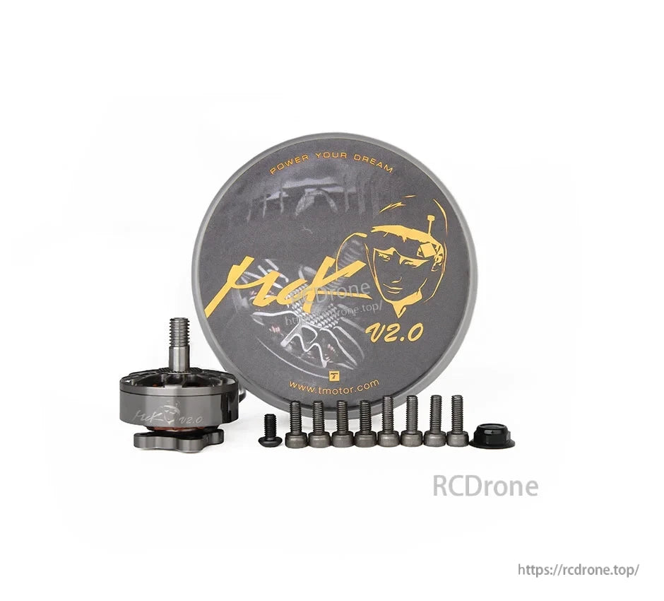 T-Motor F7K V2.0 brushless drone motor kit with branded tin case, mounting screws, and lock nut