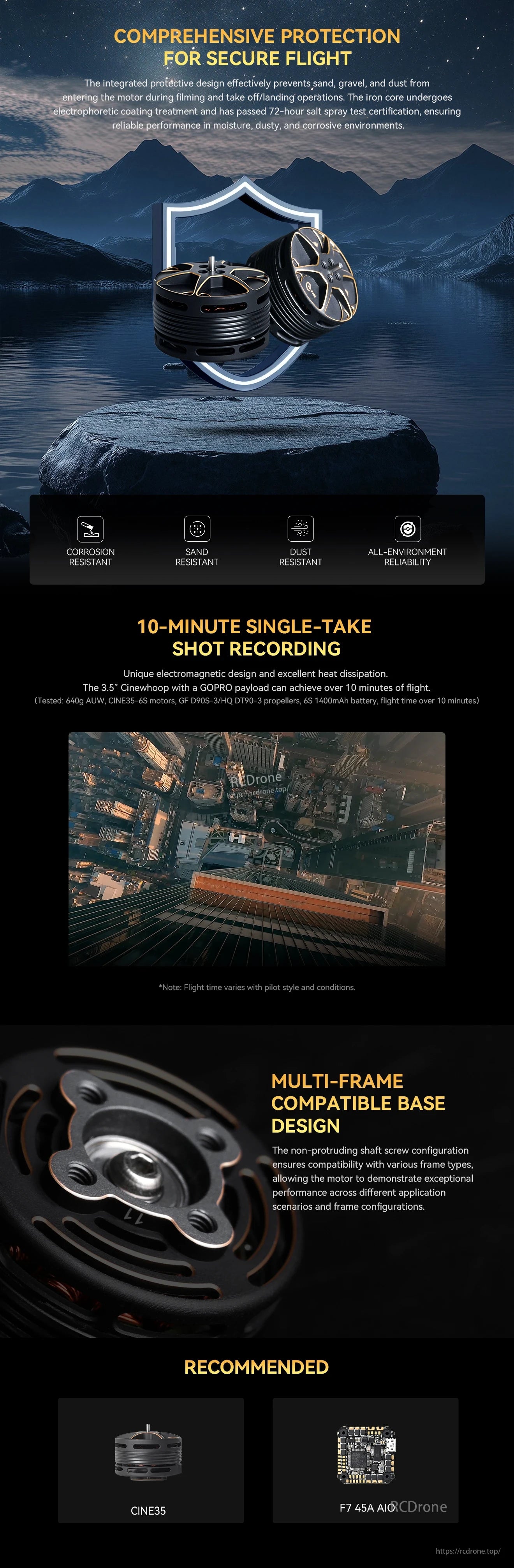 T-Motor FPV drone motor promo graphic with protective design notes and corrosion, sand, and dust resistance icons